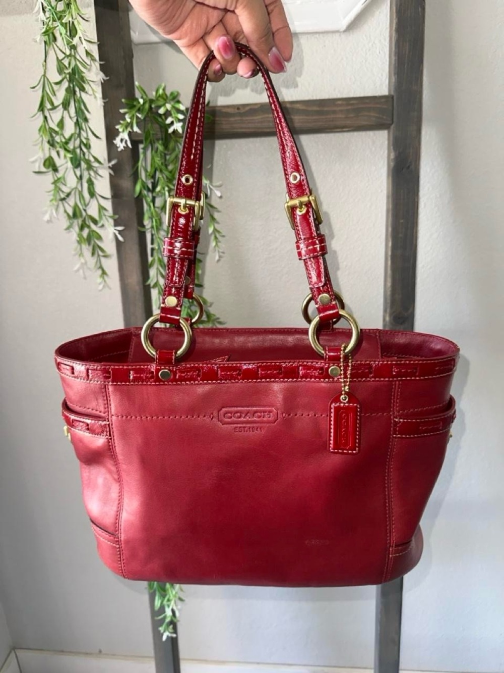 Coach Red Leather Shoulder Tote with Gold Hardware